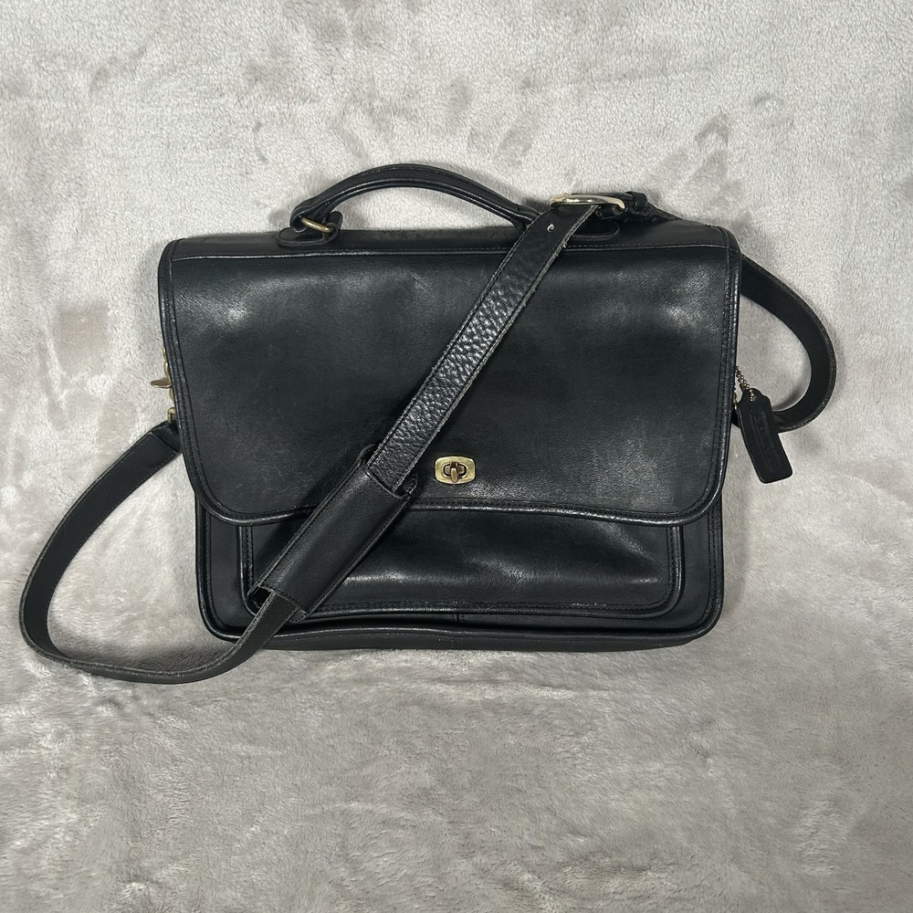 Vtg Coach 5181 Leather Messenger Briefcase Laptop Crossbody Bag Black Turnlock